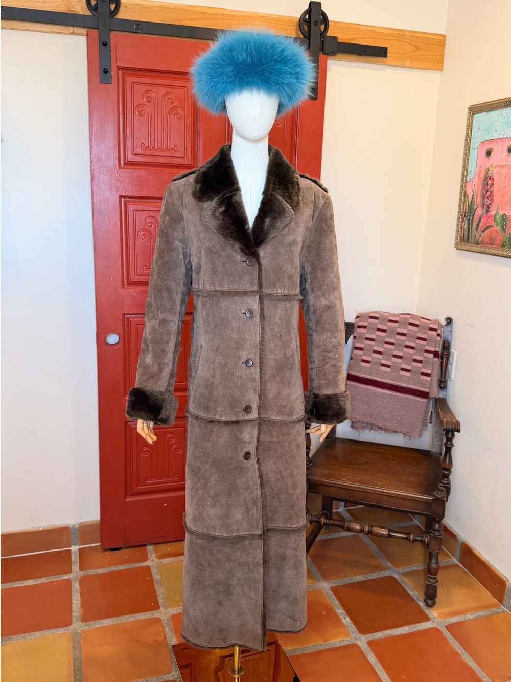 Vintage Women's Brandon Thomas Long Brown Shearling Coat with Dark Brown Trim M